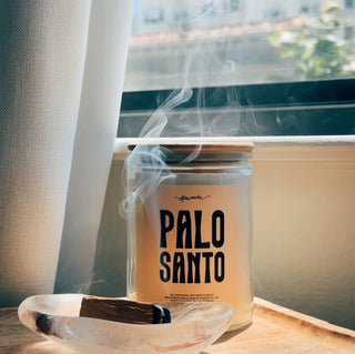 A 12 oz clear jar with a neutral colored label that says " Palo Santo" along with a small Often Wander logo. 100% natural, fair trade, and harvested using sustainable practices.