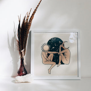 The sun and moon personified, with the two sitting in a arch window to the universe. The artwork is printed on white archival matte paper and the 'pulpy paper texture' is printed onto the white paper.