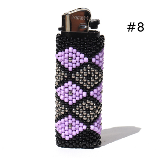 A lighter covered in a beaded sleeve with a black base, lavender purple diamond patterns, and gray geometric accents, shown on a white background with the text '#9' in the top right.
