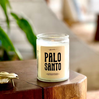 A 12 oz clear jar with a neutral colored label that says " Palo Santo" along with a small Often Wander logo. 100% natural, fair trade, and harvested using sustainable practices.