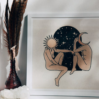 The sun and moon personified, with the two sitting in a arch window to the universe. The artwork is printed on white archival matte paper and the 'pulpy paper texture' is printed onto the white paper.