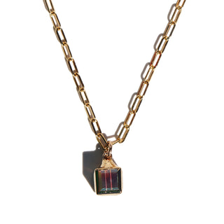 sparkly angel aura cubed pendant on a shiny 14k gold paperclip chain
