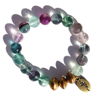 An assortment of semi transparent beads. Purple, blue, clear & green beads with a few brass accent beads and a brass Often Wander charm.