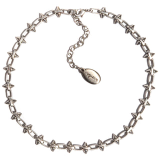 silver spiked necklace, material silver plated brass & length 13" + 2.5" with extender.