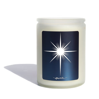 A 12oz frosted jar with a black and white label that displays a white star. The scent is cypress, plum, musk, and white currant. Made with soy wax.